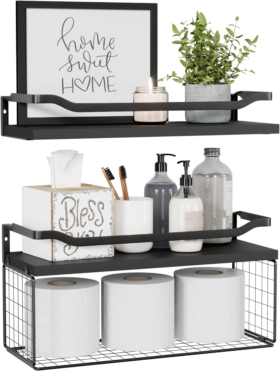 Floating Shelves with Wire Storage Basket, Bathroom Shelves, Wall Shelves Floating Shelves with Wire Storage Basket, Bathroom Shelves, Wall Shelves